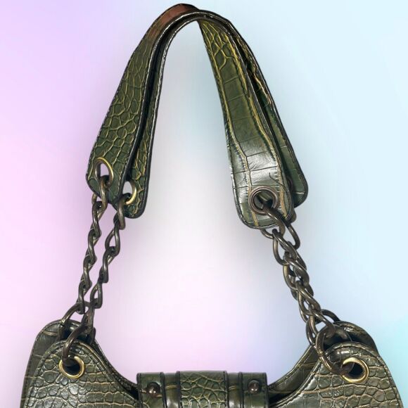 Dolce&Gabbana Shoulder Bag Designer Purse Brown Fabric w/ Green Textured Leather - Picture 2 of 13